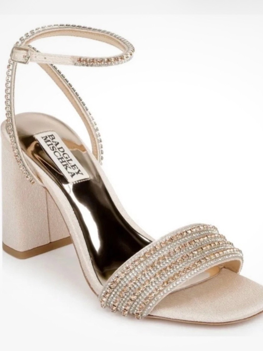Badgley Mischka Crystal-Embellished Champagne Block Heel Sandal